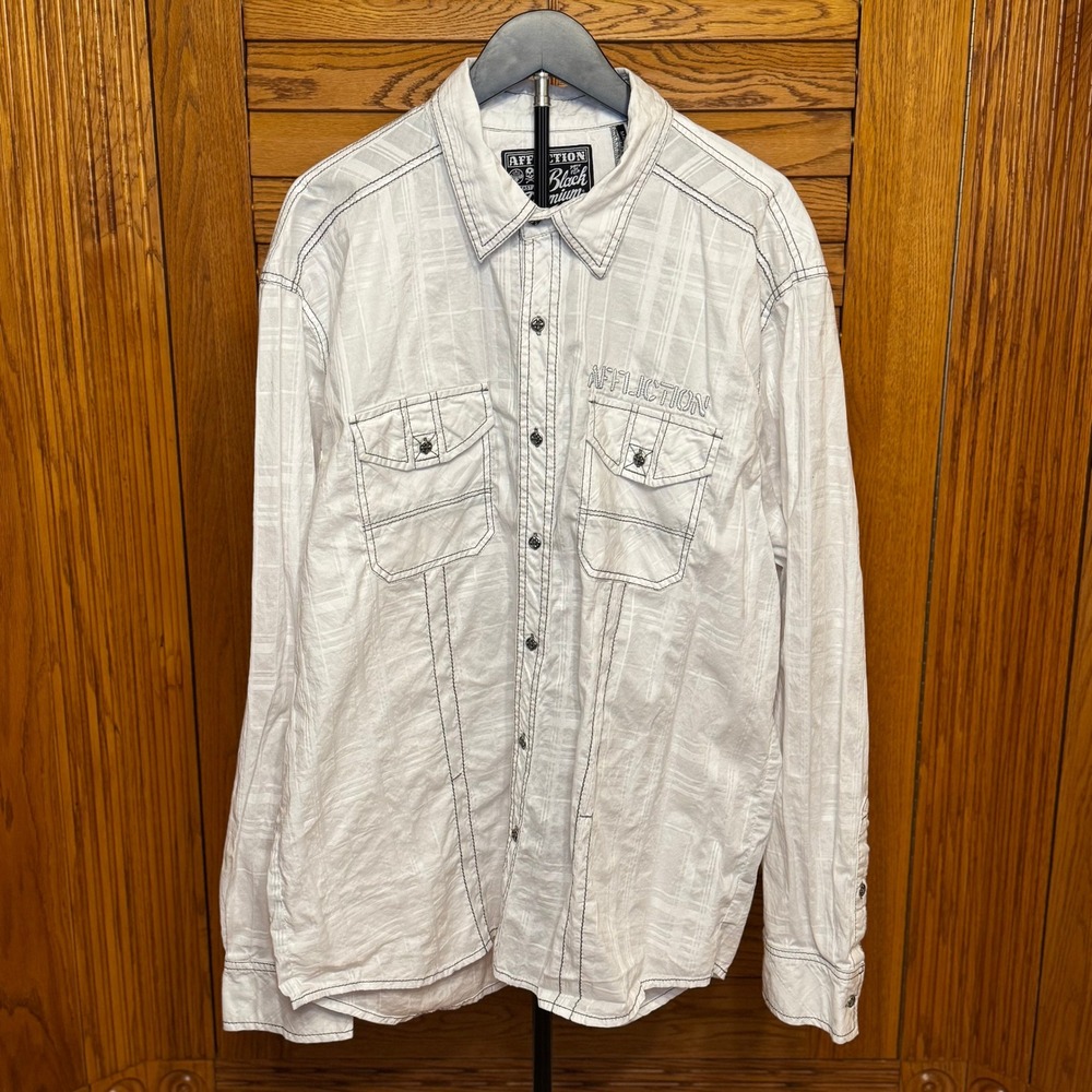 Affliction Black Premium Buckle White Button Down Shirt Slim Fit Mens 10WV245B